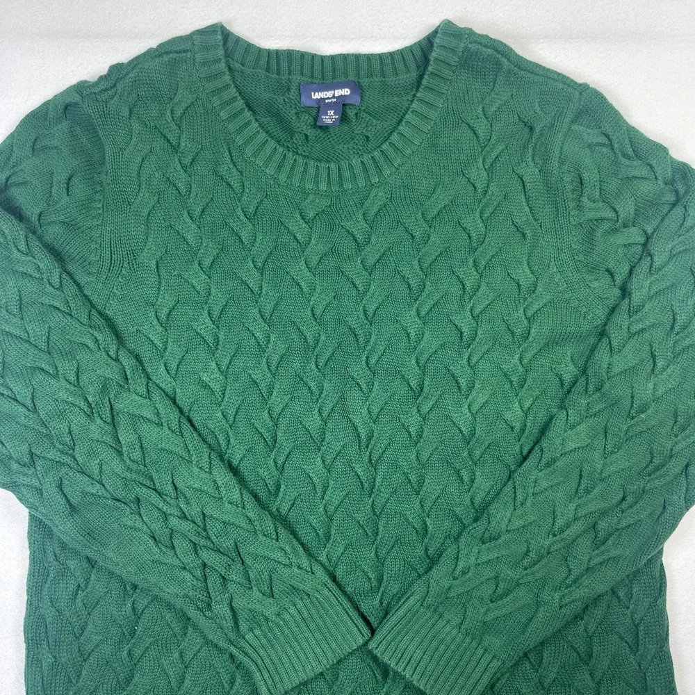 Lands' End Sweater Mens 1X Green Cotton Cable Knit Crewneck Long Sleeve Pullover